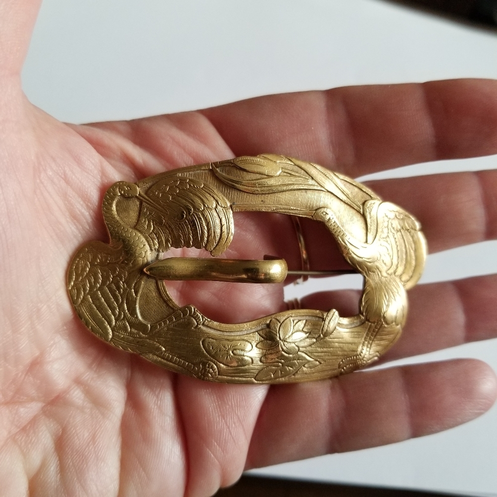 Relisted -Antique Edwardian crane lily pad sash brooch pin nouveau gold tone - Picture 3 of 17